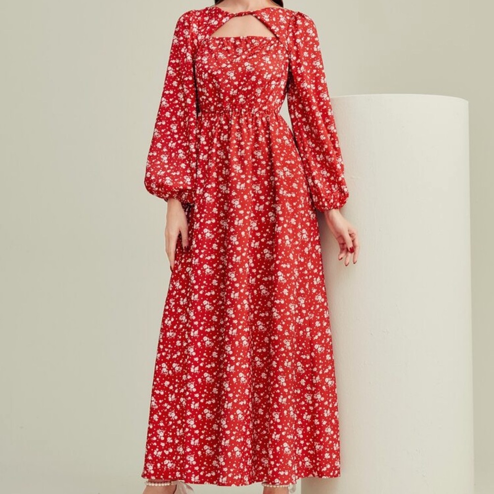 SHEIN Red Floral Long Sleeve Dress